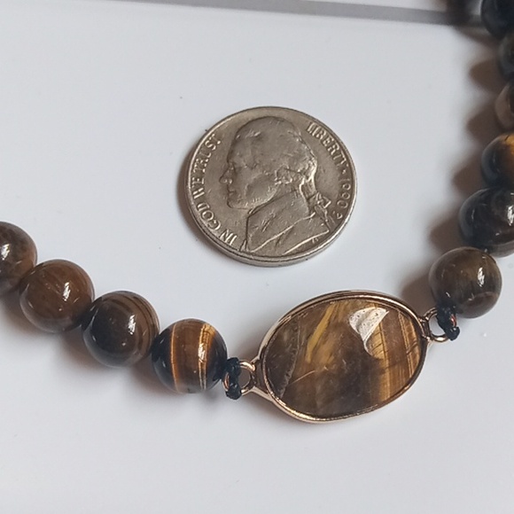 Men's Natural Tiger's Eye Stone Beaded Adjustable Leather Weave Slide Bracelet - Picture 5 of 7